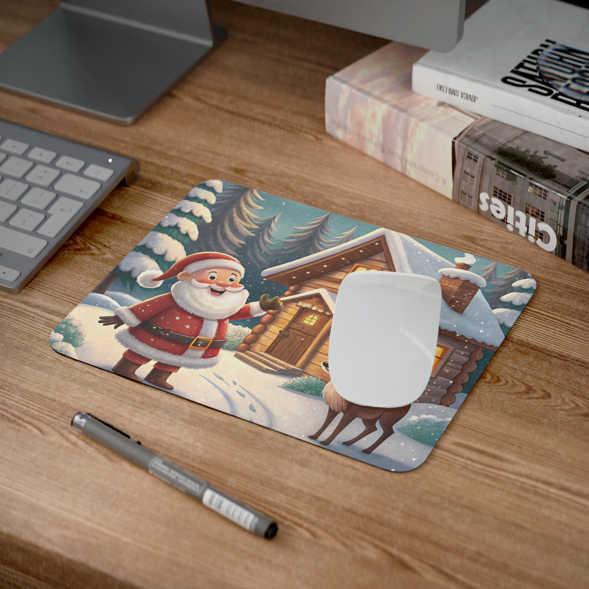 Tapis de Souris Noël Père Noël Joyeux avec Renne devant Chalet Enneigé Décoration Hivernale Magique