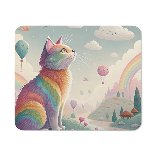 Tapis de Souris Chat Arc-en-Ciel Paysage Fantastique Pastel avec Montgolfières, Arcs-en-Ciel & Nuages Rêveurs