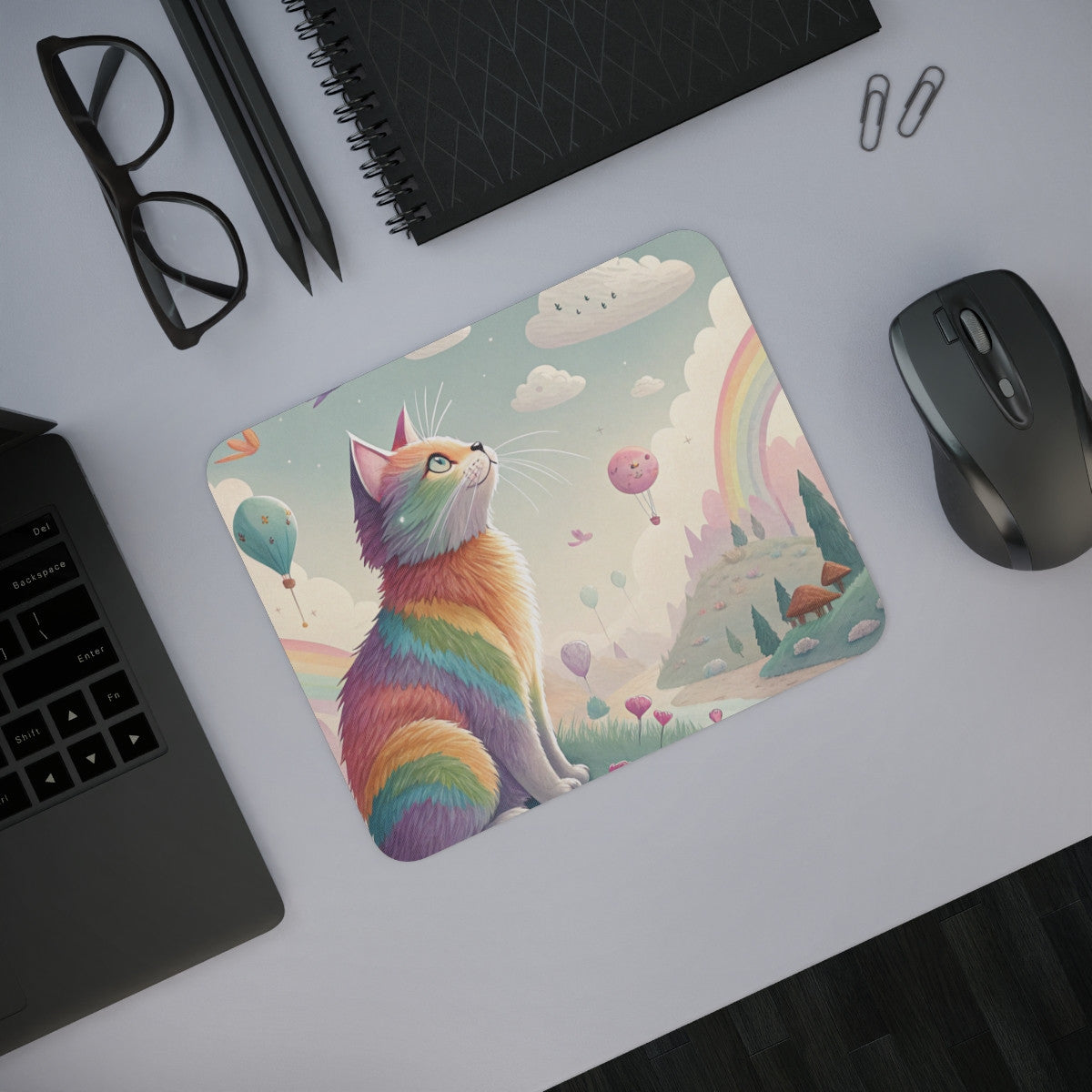 Tapis de Souris Chat Arc-en-Ciel Paysage Fantastique Pastel avec Montgolfières, Arcs-en-Ciel & Nuages Rêveurs