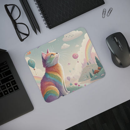 Tapis de Souris Chat Arc-en-Ciel Paysage Fantastique Pastel avec Montgolfières, Arcs-en-Ciel & Nuages Rêveurs