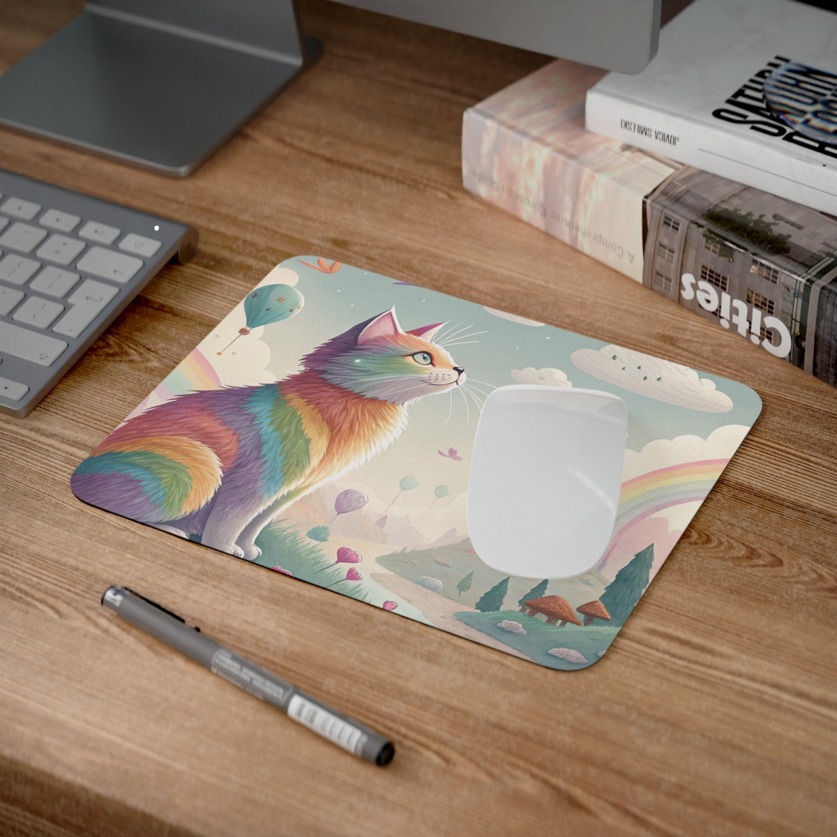 Tapis de Souris Chat Arc-en-Ciel Paysage Fantastique Pastel avec Montgolfières, Arcs-en-Ciel & Nuages Rêveurs