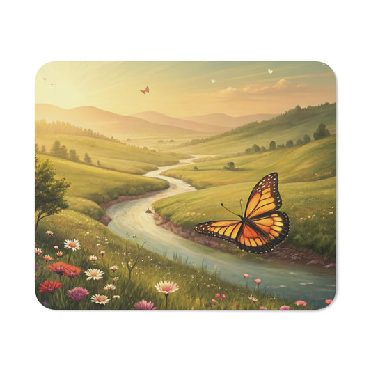 Tapis de Souris Papillon Monarque Paysage Printanier avec Fleurs Sauvages, Rivière et Coucher de Soleil