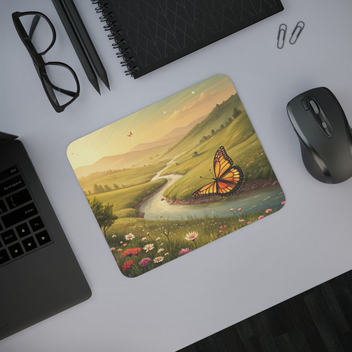 Tapis de Souris Papillon Monarque Paysage Printanier avec Fleurs Sauvages, Rivière et Coucher de Soleil