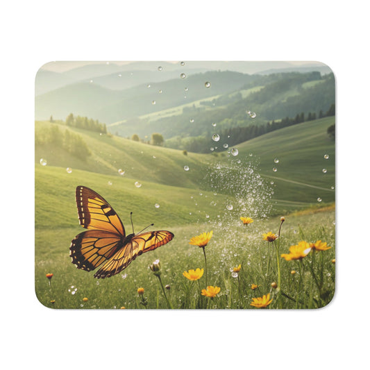 Tapis de Souris Papillon dans Champ de Fleurs Jaunes Paysage Naturel Printanier avec Rosée et Collines