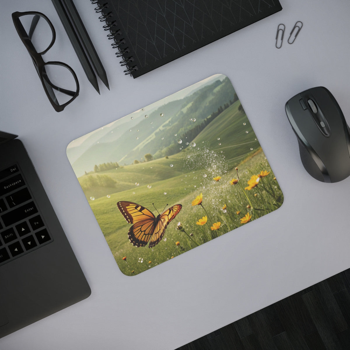 Tapis de Souris Papillon dans Champ de Fleurs Jaunes Paysage Naturel Printanier avec Rosée et Collines