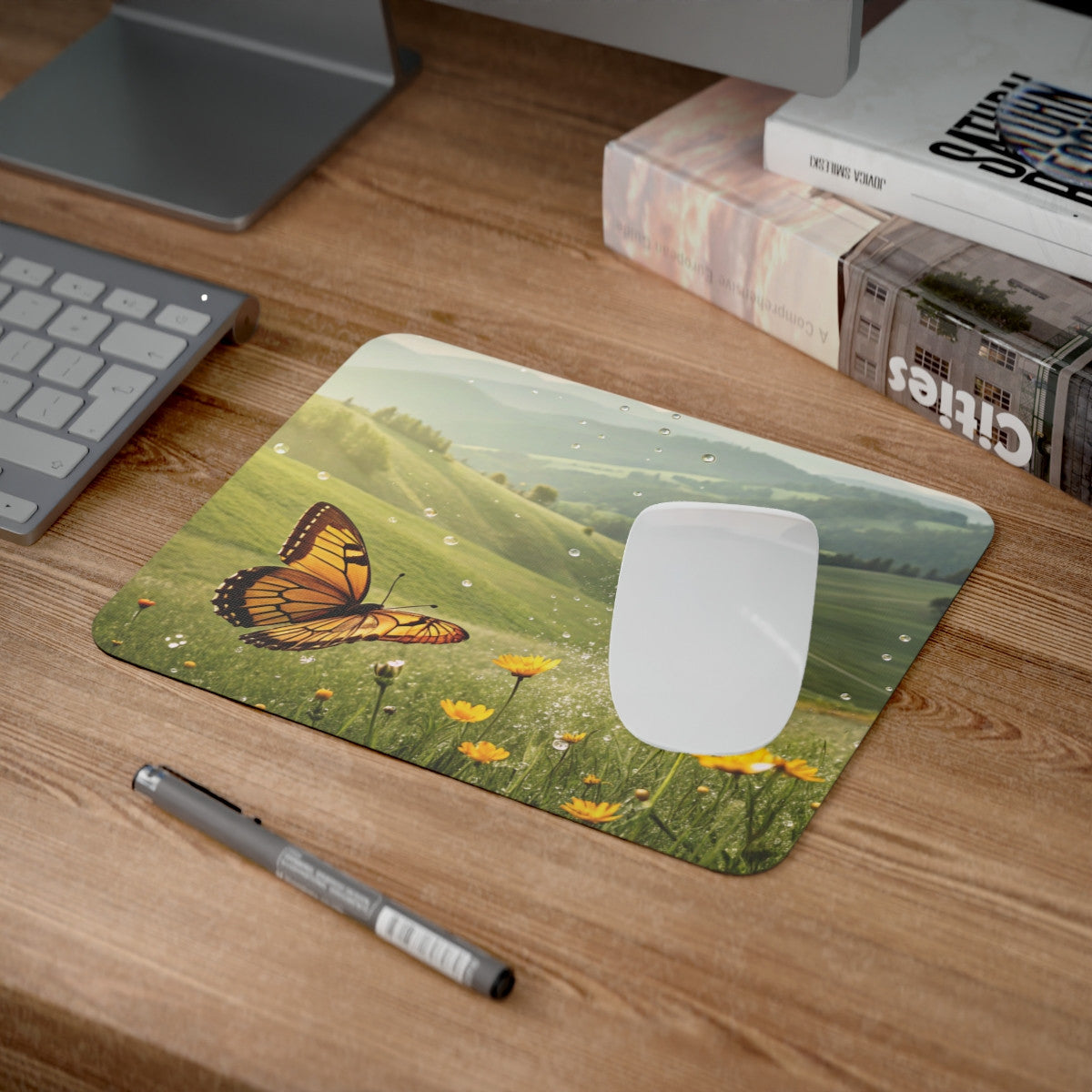 Tapis de Souris Papillon dans Champ de Fleurs Jaunes Paysage Naturel Printanier avec Rosée et Collines