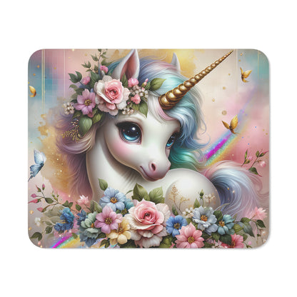 Tapis de Souris Licorne Féerique avec Fleurs et Arc-en-Ciel Illustration Fantastique Pastel Rose, Doré et BleU
