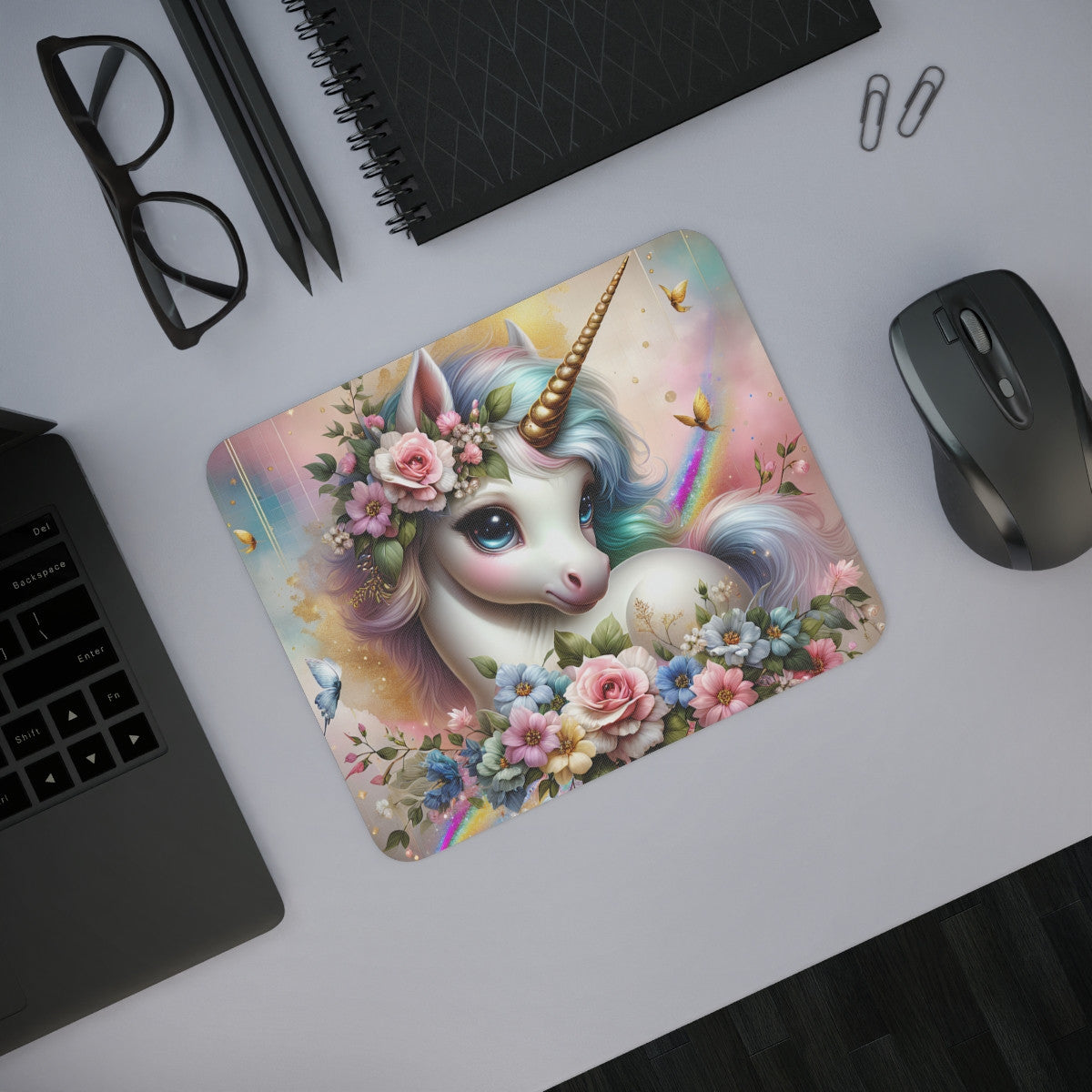Tapis de Souris Licorne Féerique avec Fleurs et Arc-en-Ciel Illustration Fantastique Pastel Rose, Doré et BleU