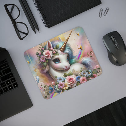 Tapis de Souris Licorne Féerique avec Fleurs et Arc-en-Ciel Illustration Fantastique Pastel Rose, Doré et BleU
