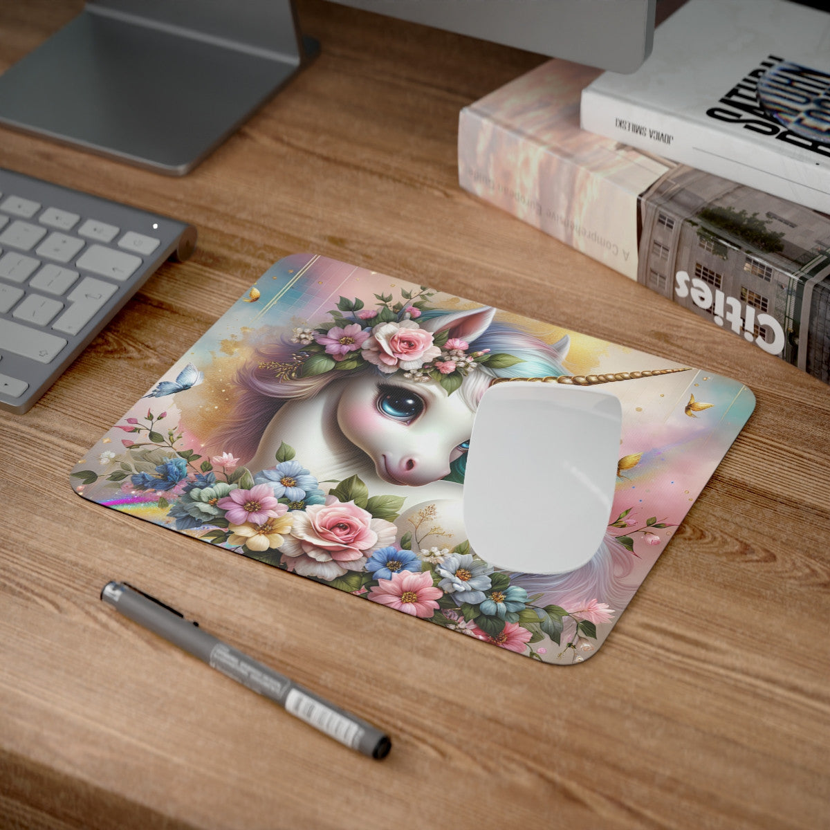 Tapis de Souris Licorne Féerique avec Fleurs et Arc-en-Ciel Illustration Fantastique Pastel Rose, Doré et BleU