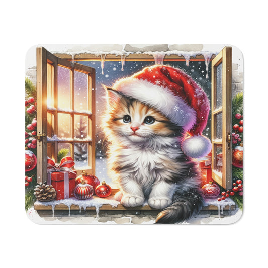 Tapis de Souris Chat de Noël Mignon Illustration Hivernale avec Bonnet Rouge, Boules pour Enfants et Adultes