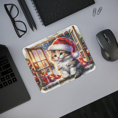 Tapis de Souris Chat de Noël Mignon Illustration Hivernale avec Bonnet Rouge, Boules pour Enfants et Adultes