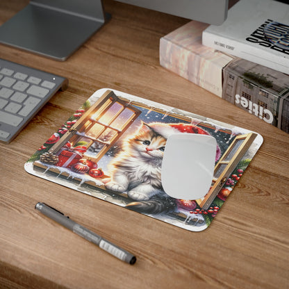 Tapis de Souris Chat de Noël Mignon Illustration Hivernale avec Bonnet Rouge, Boules pour Enfants et Adultes