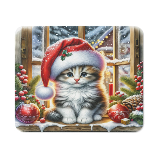 Tapis de Souris Chat de Noël Cozy Chaton avec Bonnet Rouge, Houx et Décor Hivernal
