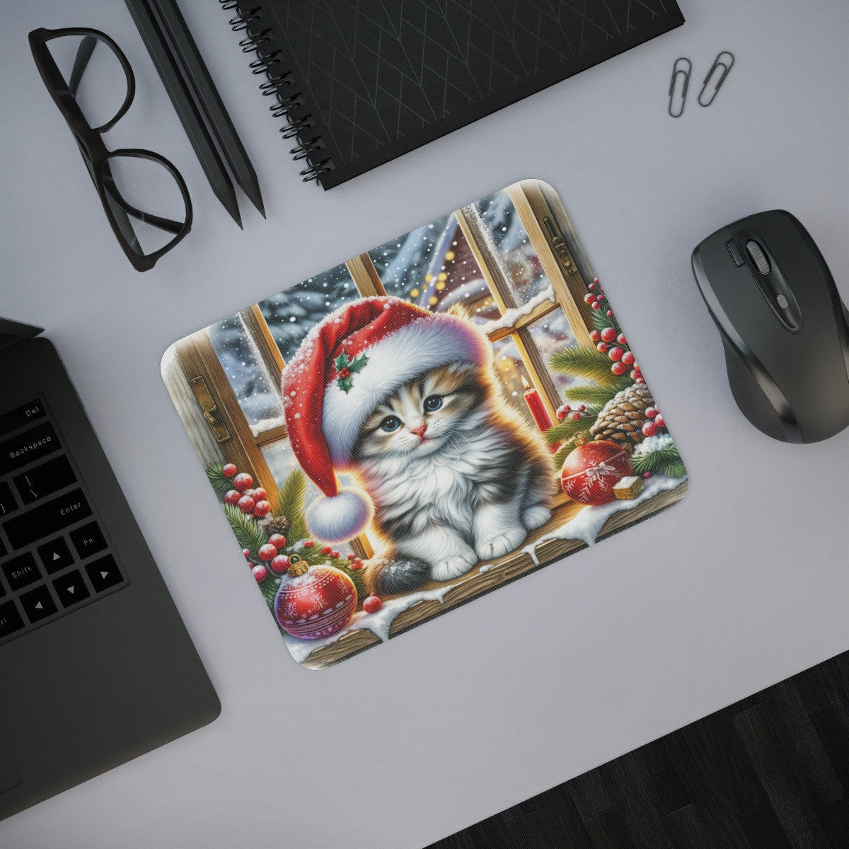 Tapis de Souris Chat de Noël Cozy Chaton avec Bonnet Rouge, Houx et Décor Hivernal