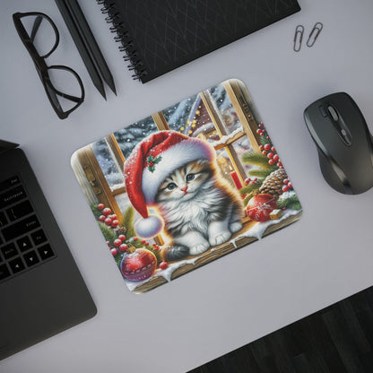 Tapis de Souris Chat de Noël Cozy Chaton avec Bonnet Rouge, Houx et Décor Hivernal