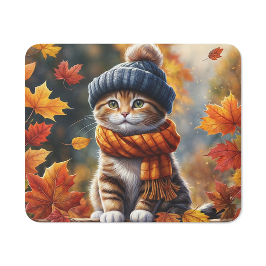 Tapis de Souris Chat Automnal avec Bonnet et Écharpe  Illustration Cosy aux Couleurs d’Automne