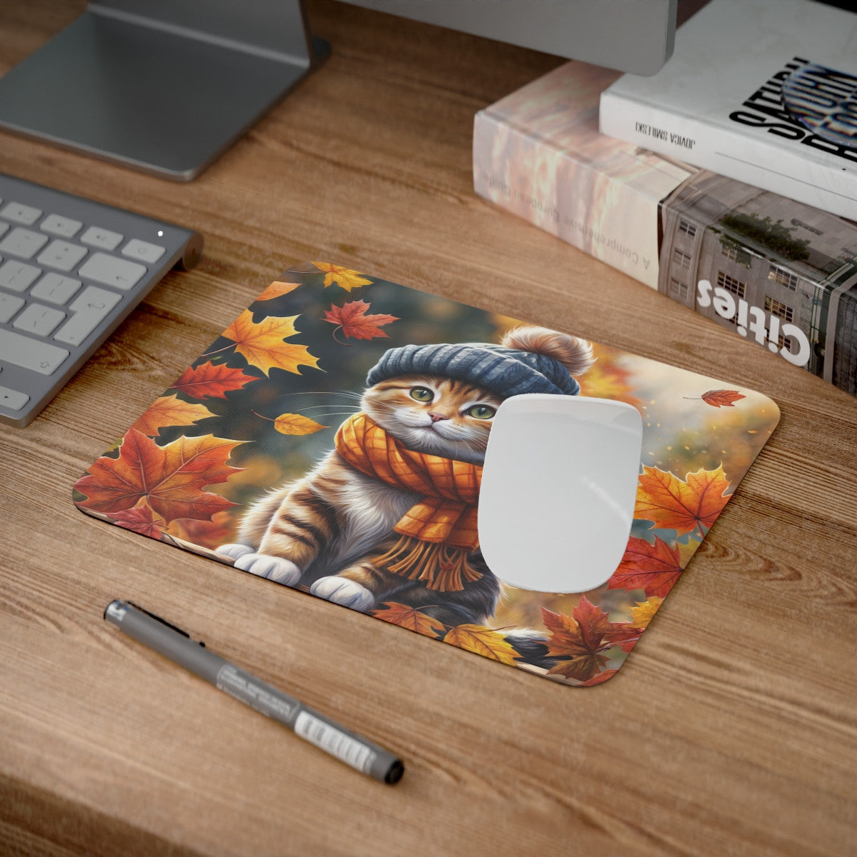 Tapis de Souris Chat Automnal avec Bonnet et Écharpe  Illustration Cosy aux Couleurs d’Automne