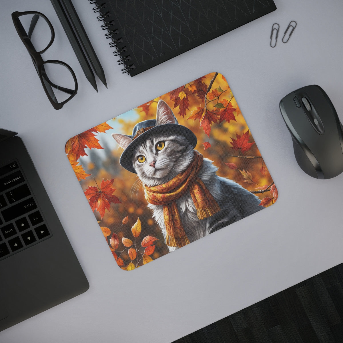 Tapis de Souris Chat Élégant d’Automne Chat Tigré avec Chapeau et Écharpe