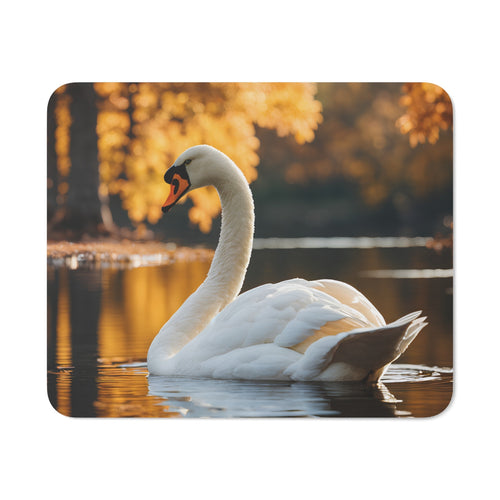 Tapis de Souris Cygne Élégant sur Étang d’Automne  Scène Nature Apaisante avec Reflets & Feuilles Dorées