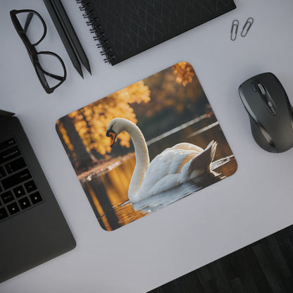 Tapis de Souris Cygne Élégant sur Étang d’Automne  Scène Nature Apaisante avec Reflets & Feuilles Dorées