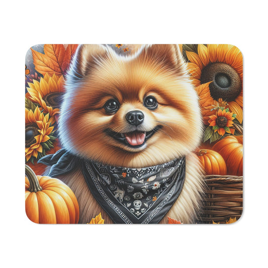 Tapis de Souris Chien Poméranien d’Automne  Illustration Mignonne avec Citrouilles, Tournesols & Bandana