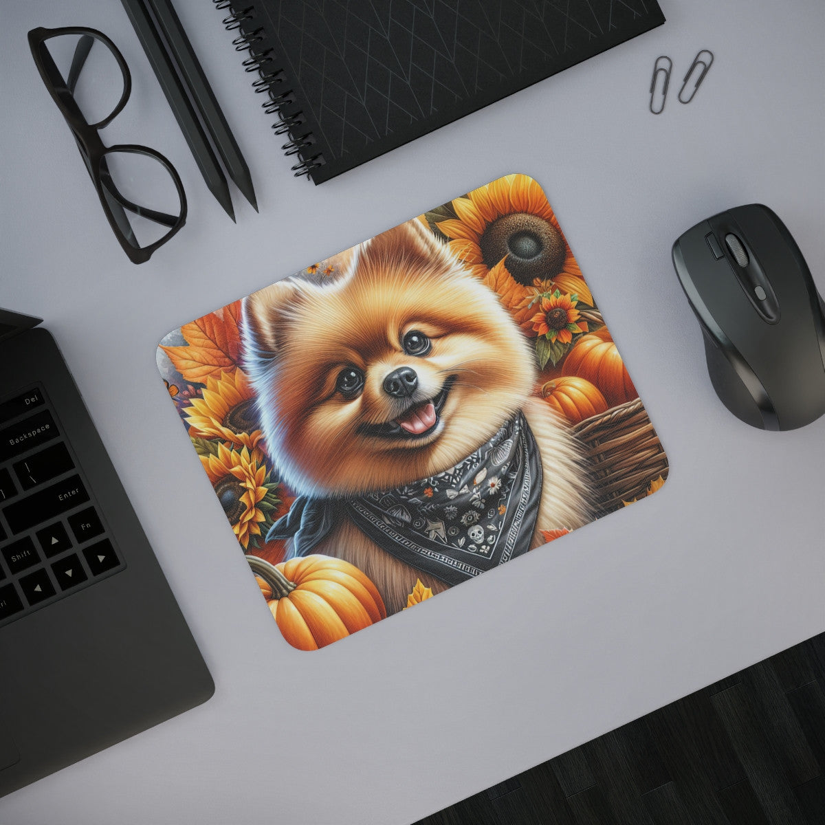 Tapis de Souris Chien Poméranien d’Automne  Illustration Mignonne avec Citrouilles, Tournesols & Bandana