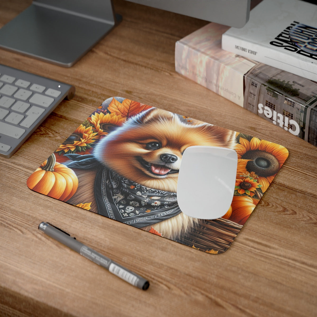 Tapis de Souris Chien Poméranien d’Automne  Illustration Mignonne avec Citrouilles, Tournesols & Bandana