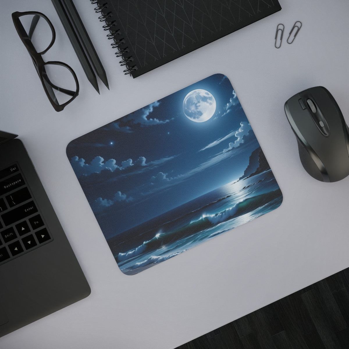 Tapis de Souris Océan de Nuit avec Pleine Lune Paysage Marin Nocturne Apaisant et Étoilé