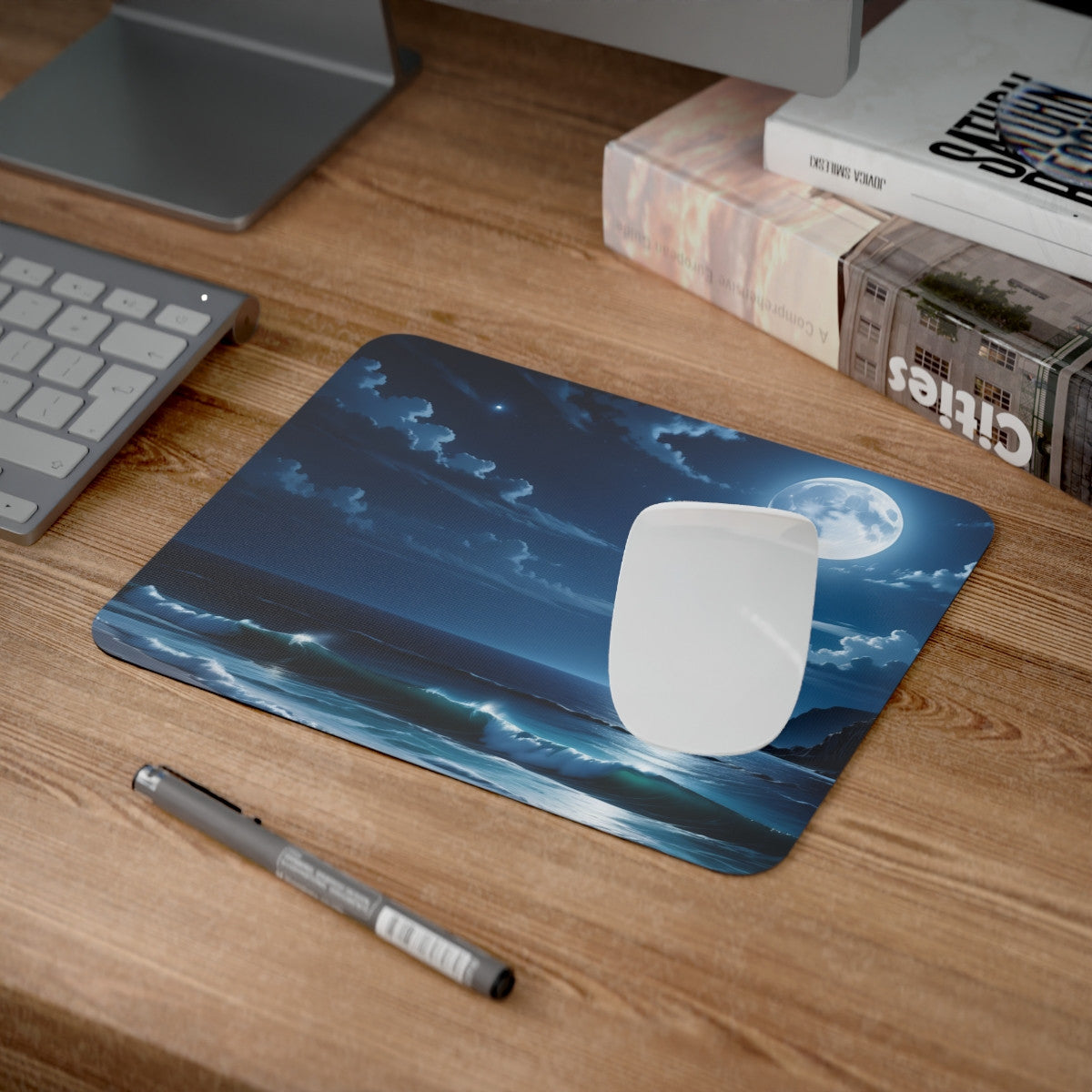 Tapis de Souris Océan de Nuit avec Pleine Lune Paysage Marin Nocturne Apaisant et Étoilé