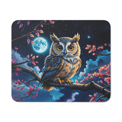 Tapis de Souris Chouette Nocturne sous la Lune Illustration Mystique avec Étoiles, Branche Fleurie et Hibou