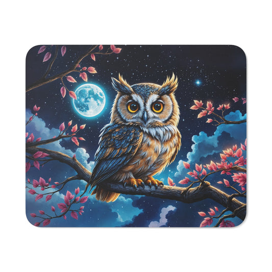 Tapis de Souris Chouette Nocturne sous la Lune Illustration Mystique avec Étoiles, Branche Fleurie et Hibou