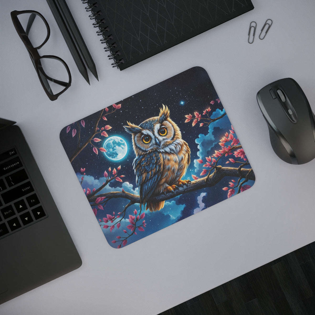 Tapis de Souris Chouette Nocturne sous la Lune Illustration Mystique avec Étoiles, Branche Fleurie et Hibou