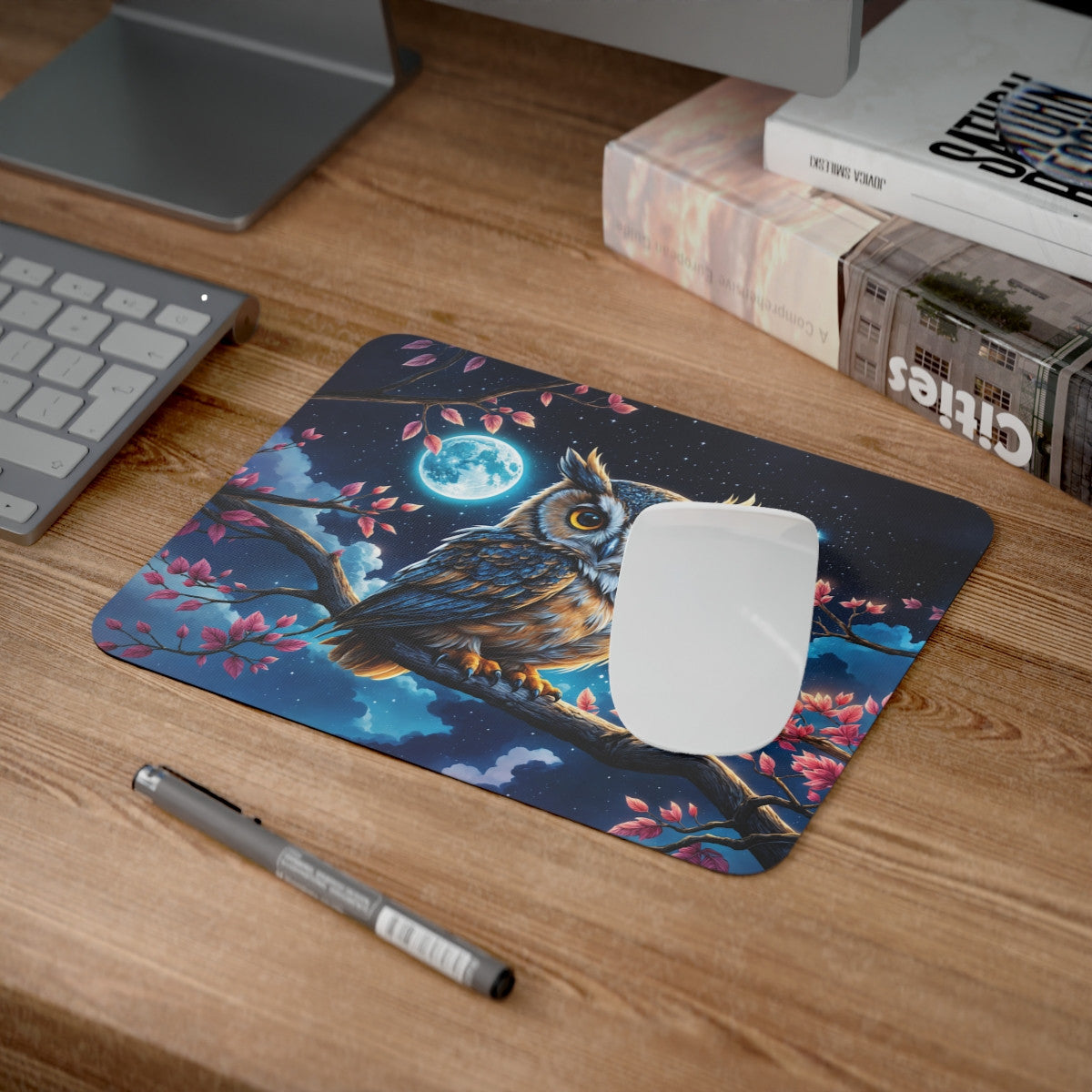 Tapis de Souris Chouette Nocturne sous la Lune Illustration Mystique avec Étoiles, Branche Fleurie et Hibou