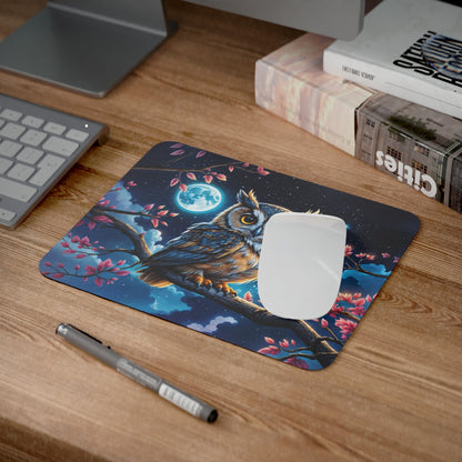 Tapis de Souris Chouette Nocturne sous la Lune Illustration Mystique avec Étoiles, Branche Fleurie et Hibou