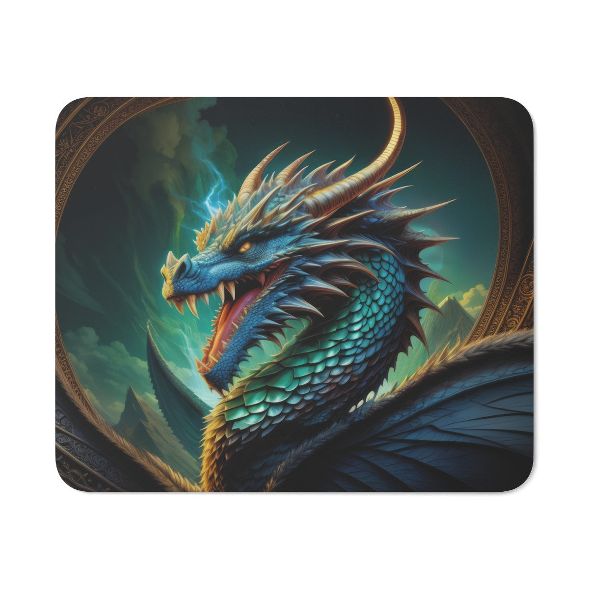 Tapis de Souris Dragon Légendaire Rugissant Créature Fantastique Écailleuse Bleu & Or