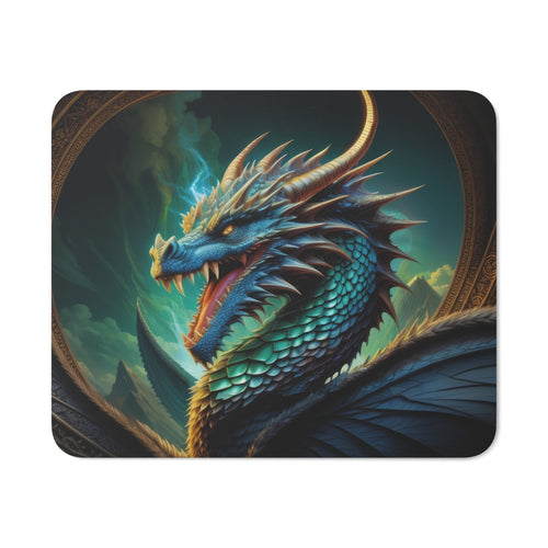 Tapis de Souris Dragon Légendaire Rugissant Créature Fantastique Écailleuse Bleu & Or