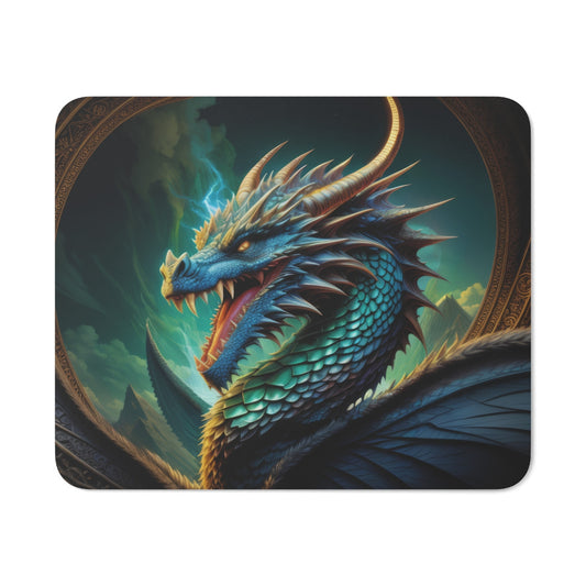 Tapis de Souris Dragon Légendaire Rugissant Créature Fantastique Écailleuse Bleu & Or