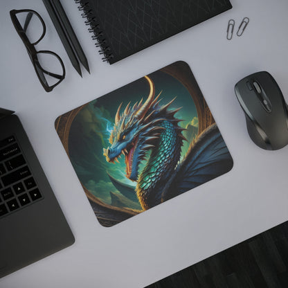 Tapis de Souris Dragon Légendaire Rugissant Créature Fantastique Écailleuse Bleu & Or