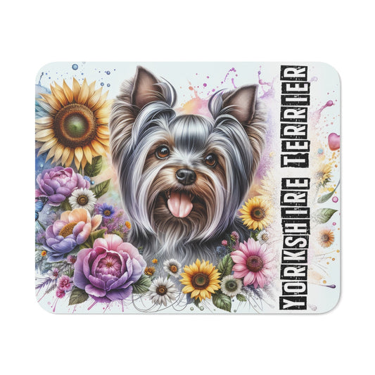 Tapis de Souris Yorkshire Terrier avec Fleurs Illustration Colorée et Mignonne de Chien Sourire