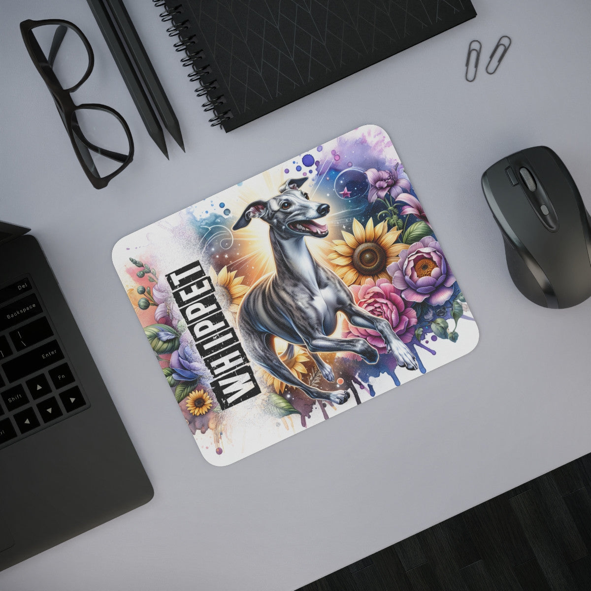 Tapis de Souris Whippet en Mouvement Chien Élancé avec Fleurs & Couleurs Artistiques