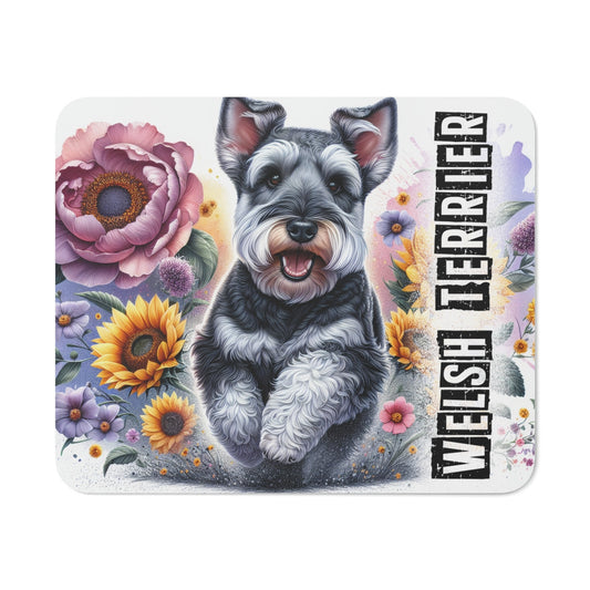 Tapis de Souris Welsh Terrier Sautant – Chien Mignon dans un Champ Fleuri Coloré