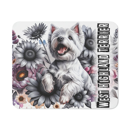 Tapis de Souris West Highland White Terrier Chien Blanc dans un Décor Floral Monochrome Artistique