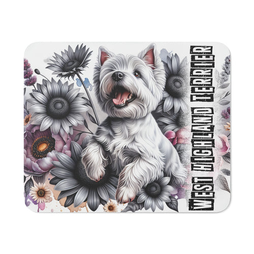 Tapis de Souris West Highland White Terrier Chien Blanc dans un Décor Floral Monochrome Artistique