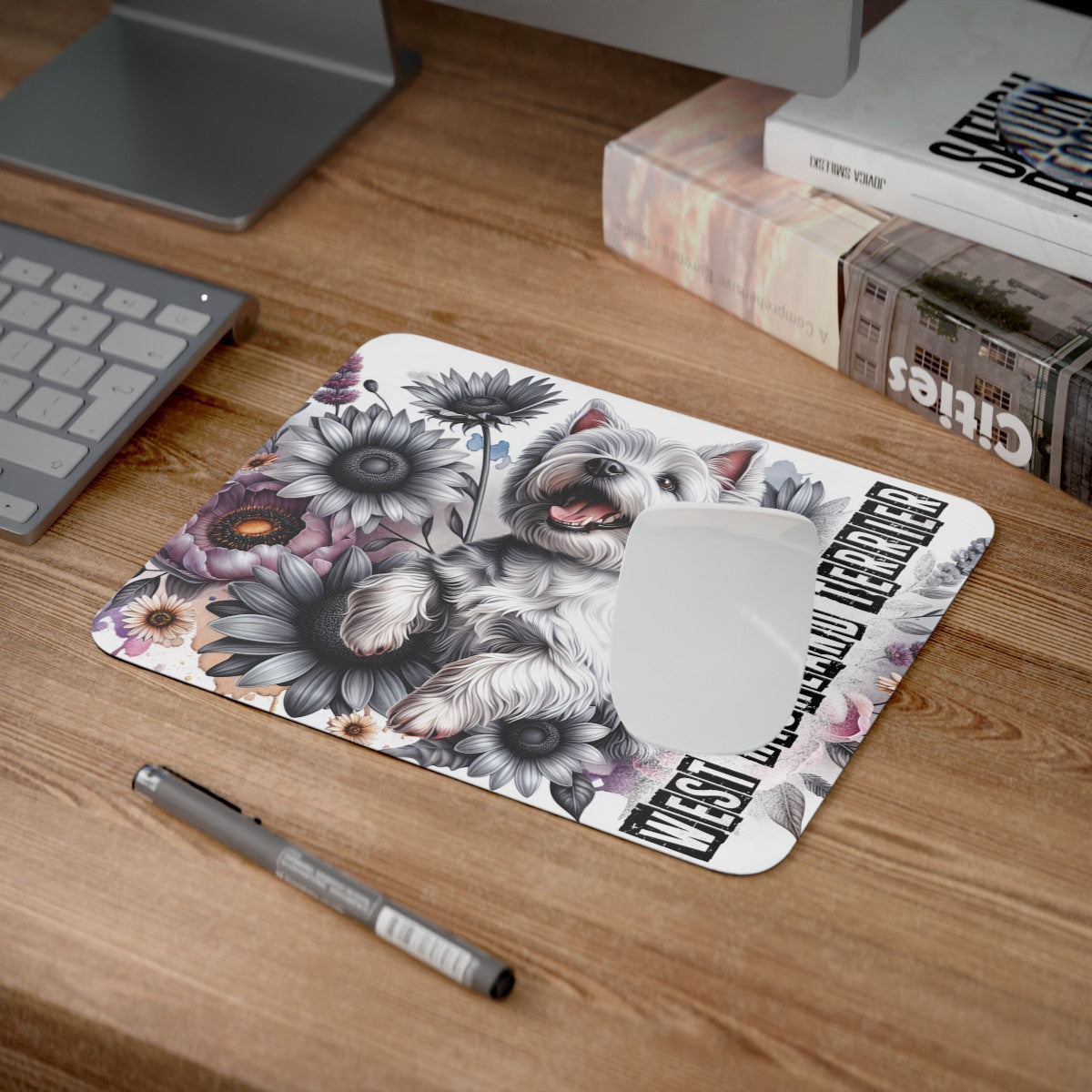 Tapis de Souris West Highland White Terrier Chien Blanc dans un Décor Floral Monochrome Artistique