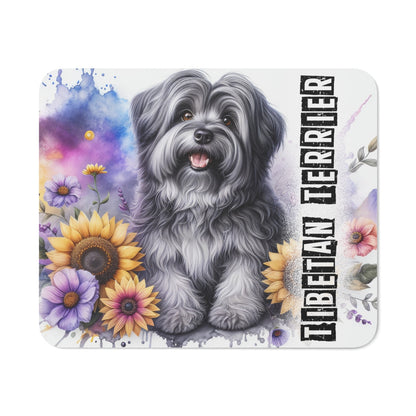 Tapis de Souris Tibetan Terrier Artistique  Illustration Mignonne avec Fleurs Colorées et Aquarelle