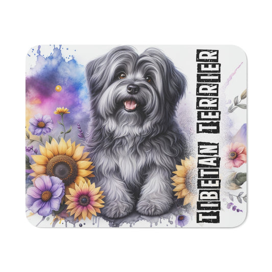 Tapis de Souris Tibetan Terrier Artistique  Illustration Mignonne avec Fleurs Colorées et Aquarelle