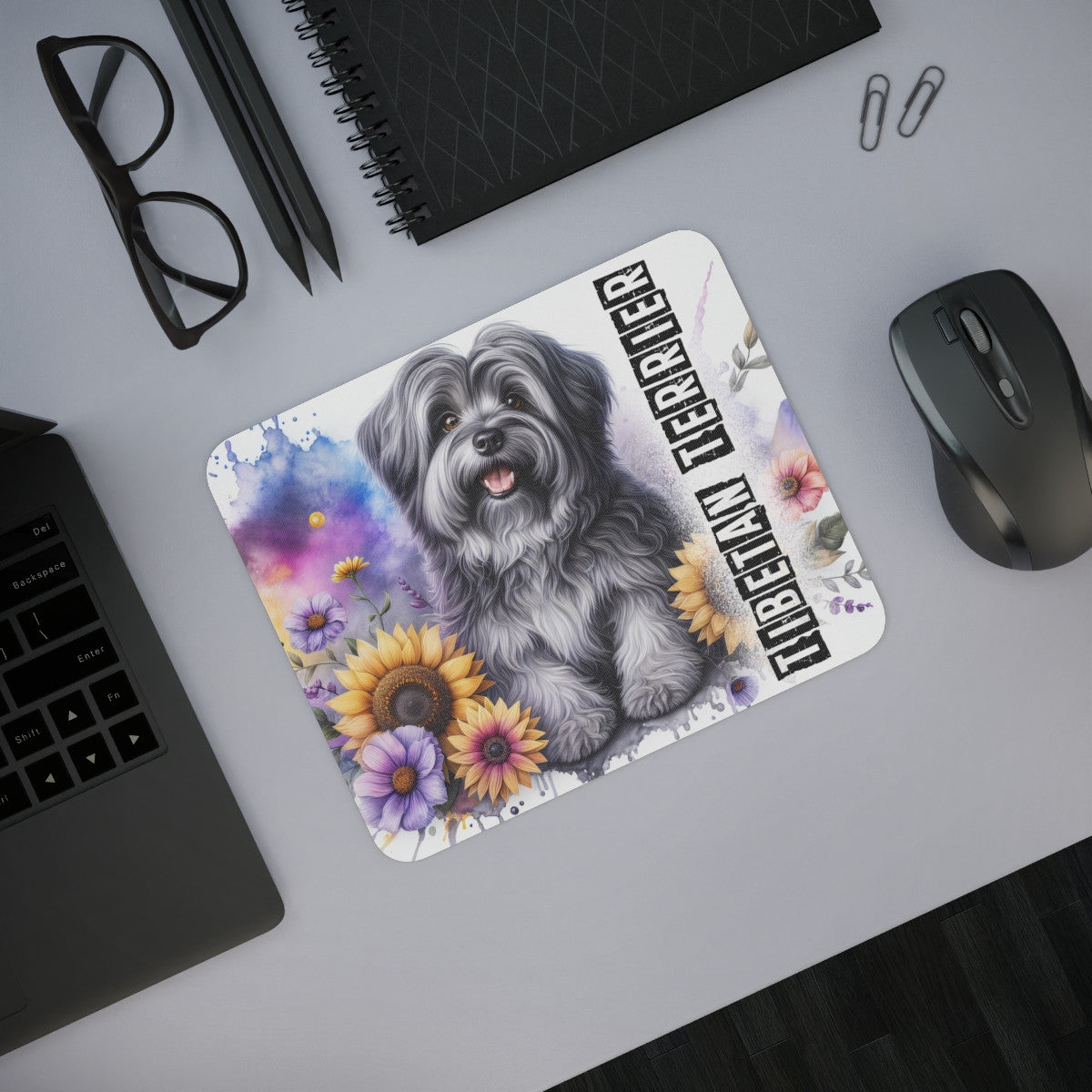 Tapis de Souris Tibetan Terrier Artistique  Illustration Mignonne avec Fleurs Colorées et Aquarelle