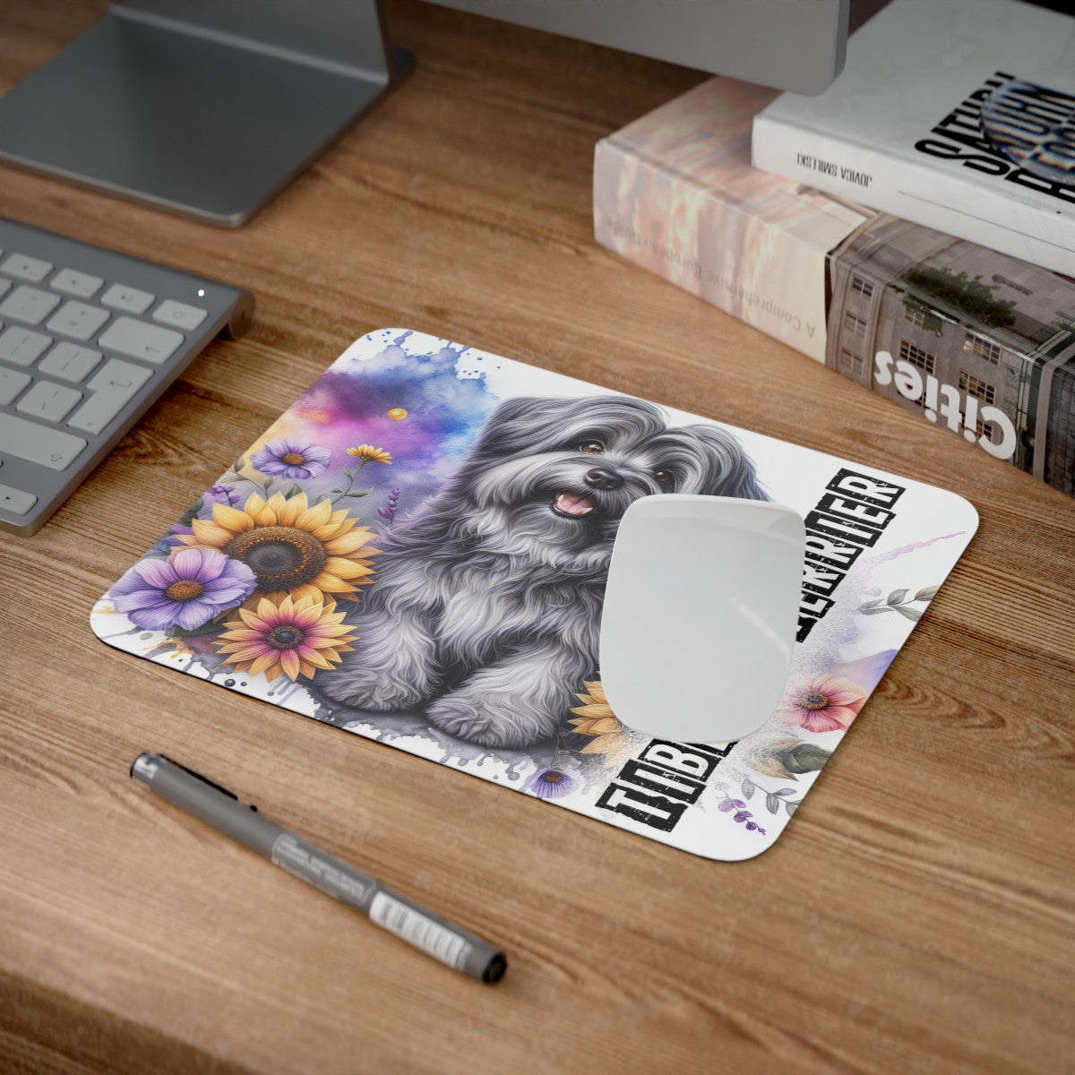 Tapis de Souris Tibetan Terrier Artistique  Illustration Mignonne avec Fleurs Colorées et Aquarelle