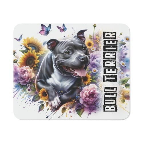 Tapis de Souris Bull Terrier avec Fleurs Colorées Illustration Joyeuse avec Papillons et Ambiance Pastel